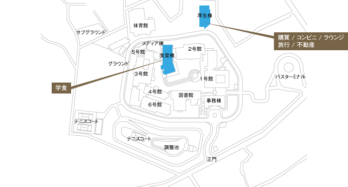 文教サービス（湘南）の店舗マップです。学生食堂／売店は、食堂棟。購買／コンビニ／ラウンジ／旅行／不動産は、厚生棟です。